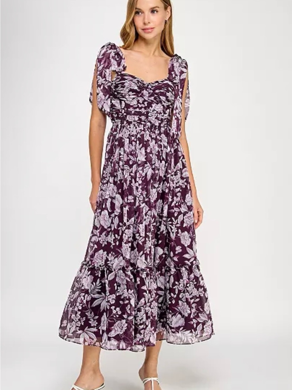 NWT Alex & Sophia Floral Shoulder Tie Dress in Plum 13/14